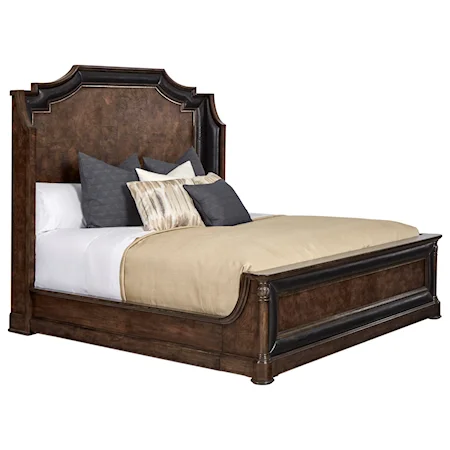 Transitional Queen Mansion Bed with Antiqued Nickel Metal and Upholstered Accents